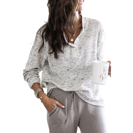 Gray Slouchy Heather Rib Knit Long Sleeve Henley Top