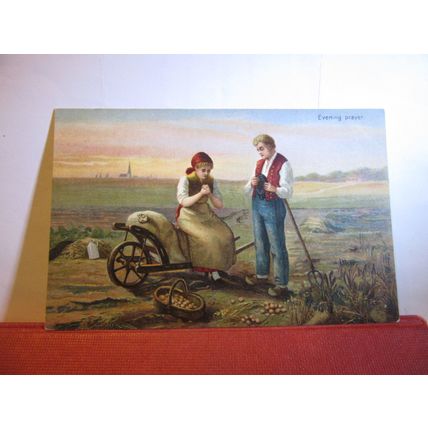 EVENING PRAYER IN THE FIELDS used antique postcard NOT POSTED #