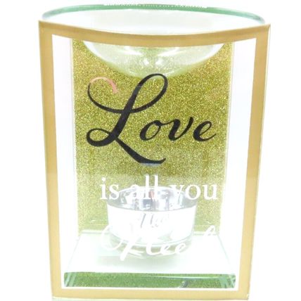 Love is all You Need Oil Burner Gold Glitter 12 CM Glass Rectangle Gift Home