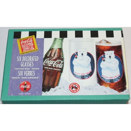 Six 1997 Coca-Cola Indiana Glass Attitude Bear Glasses NIB!