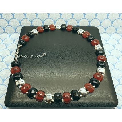 Vintage Chunky 925 Sterling Silver Onyx & Carnelian Statement Necklace with Box
