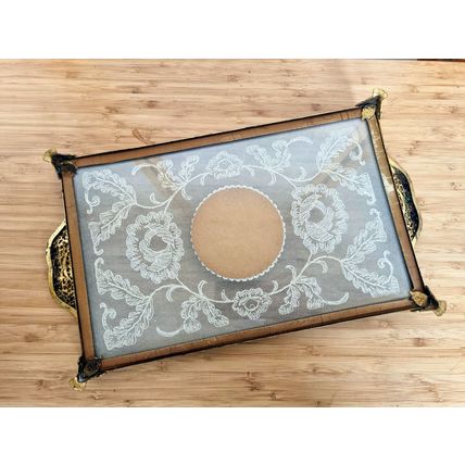 Vintage Petit Point Bedroom Vanity Tray, Brass Filigree, Embroidery, Antique