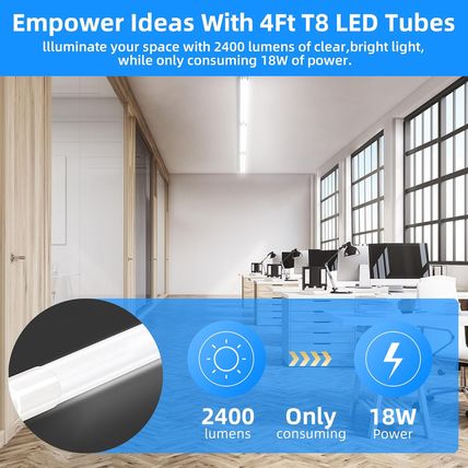 Hykolity 20 Pack 4FT LED T8 Hybrid Type A+B Light Tube, 18W, Plug & Play or Ball