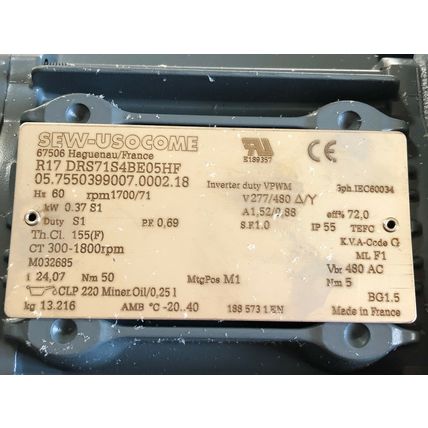NEW SEW EURODRIVE R17 DRS71S4BE05HF, AC GEARMOTOR. INVERTER DUTY,SJ