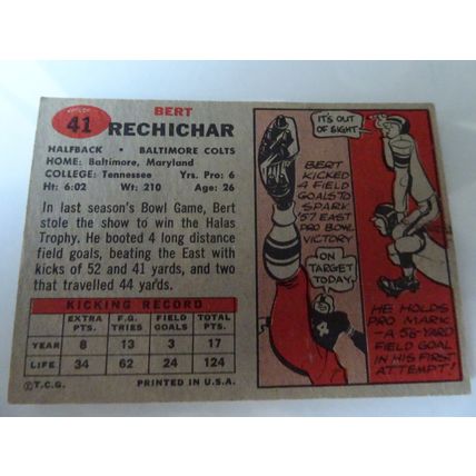 1957 Topps Football Card # 041 Bert Rechichar Very Good (3) Baltimore Colts