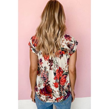 Red Floral Short Sleeve Round Neck Blouse