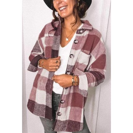 Plaid Color Block Buttoned Long Sleeve Jacket with Pocket