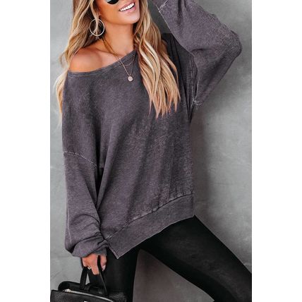 Gray Waffle Knit Side Slit Pullover Top