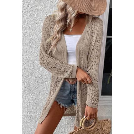 Smoke Gray Solid Color Pointelle Knit Open Front Cardigan