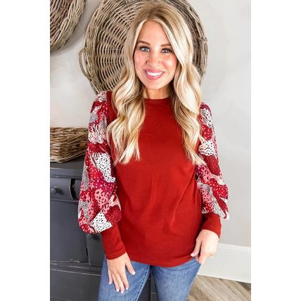 Fiery Red Contrast Mixed Animal Print Lantern Sleeve Patchwork Top