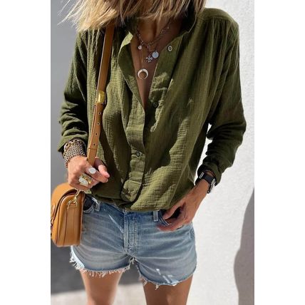 Jungle Green Crinkle Textured Button Up Long Sleeve Shirt