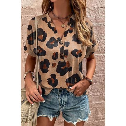 Light French Beige Leopard Folded Short Sleeve Buttoned V Neck T Shirt