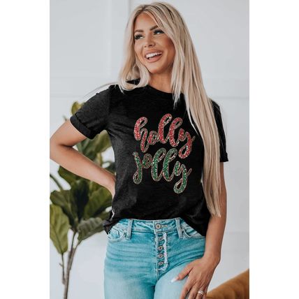 Black Christmas Sequined holly jolly Graphic Tee