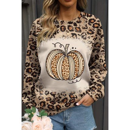 Brown Bleached Halloween Pumpkin Leopard Print Sweatshirt