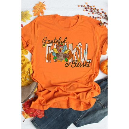 Orange Grateful Thankful Blessed Turkey Graphic Thanksgiving T Shirt