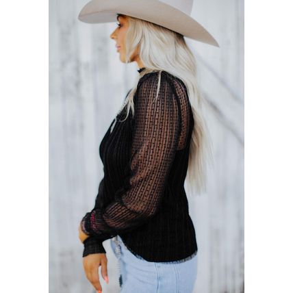 Black Dotty Lace Sheer Mock Neck Long Sleeve Blouse