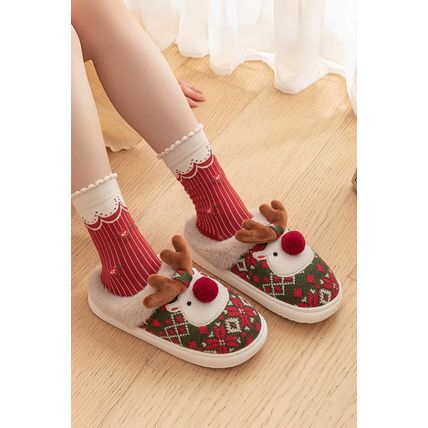 Dark Green Christmas Cartoon Reindeer Plush Home Slippers
