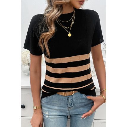Black Striped Crew Neck Sweater T-shirt