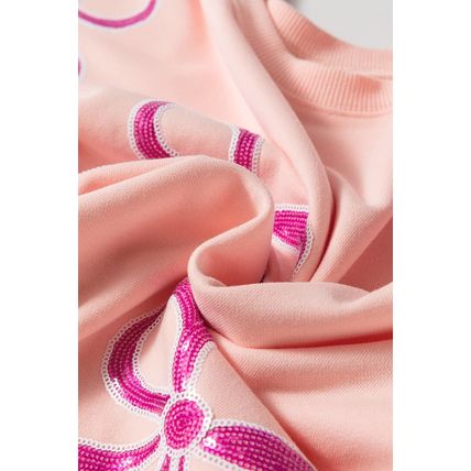 Apricot Pink Sequined Bowknot Drop Shoulder Oversized Sweatshirt