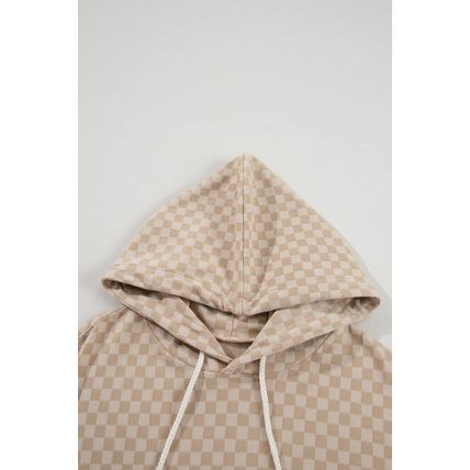 Khaki Checkered Print Kangaroo Pocket Drawstring Hoodie
