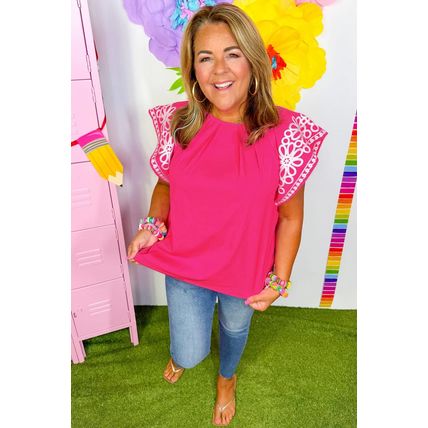 Strawberry Pink Floral Embroidered Flutter Sleeve Pleated O Neck Plus Size Blous