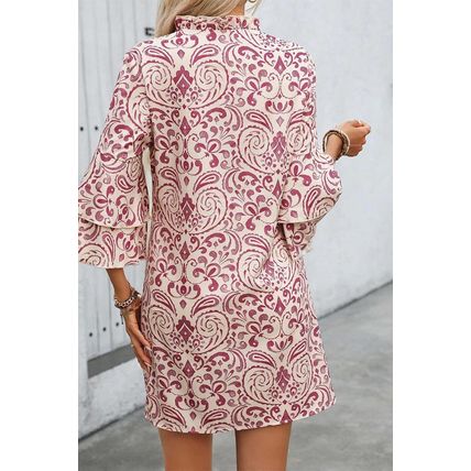 Pink Paisley Print Tiered 3/4 Sleeve Notched Neck Mini Dress