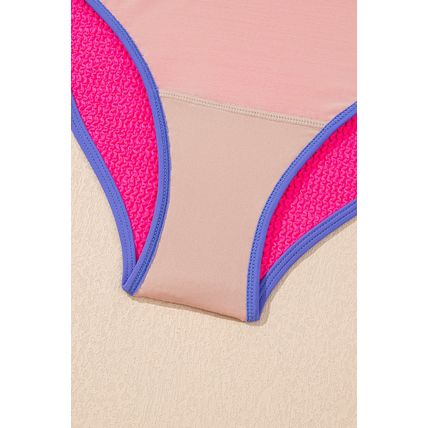 Rose Red Textured Color Block Patchwork One Piece Swimsuit