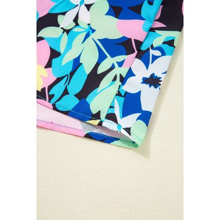 Blue Floral Flutter Sleeve Tied Notched Neck Plus Size Blouse