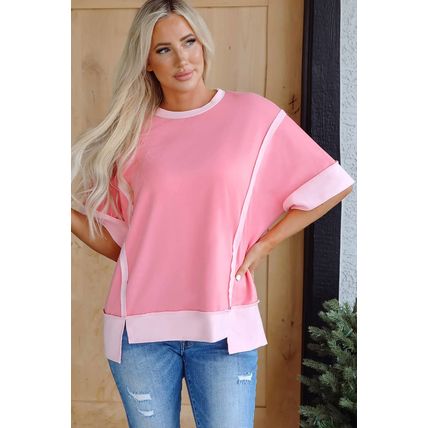 Peach Blossom Half Sleeve Raw Seam High Low Side Split Top