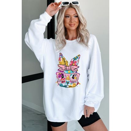 White Floral Rabbit with Glasses Graphic Corded Easter Sweatshirt