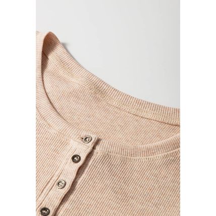 Oatmeal Short Sleeve Half Button Ribbed Knit Top