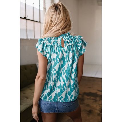 Sky Blue Abstract Print Frilled Crewneck Loose Fit Blouse