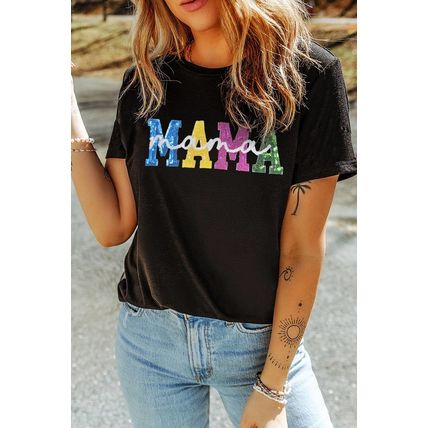 Black Sequin MAMA Double Letter Graphic Tee