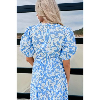 Sky Blue Floral V Neck Puff Short Sleeve Flowy Long Dress