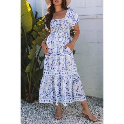Sky Blue Floral Print Square Neck Bubble Sleeve High Waist Maxi Dress