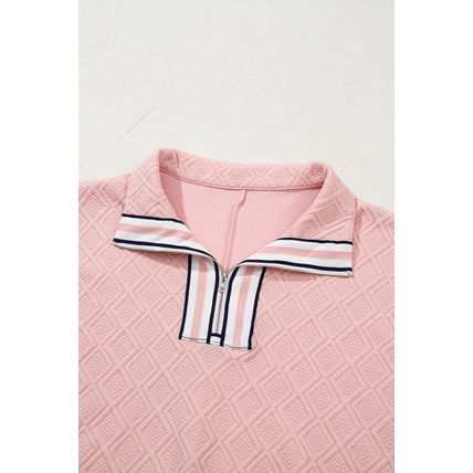 Light Pink Contrast Striped Collar Patchwork Textured Half Sleeve Blouse