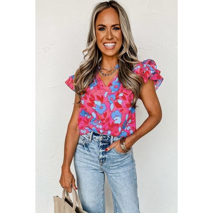 Rose Red Ruffled Sleeve Floral Blouse