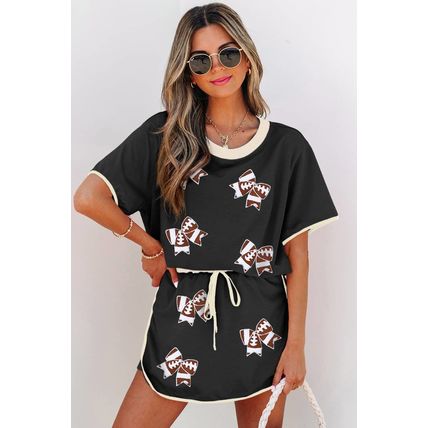 Black Sequin Rugby Football Bow Patched Colorblock Edge Tee and Skort Set