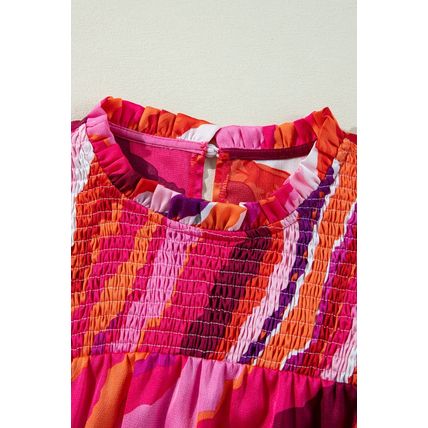 Rose Abstract Print Shirred Yoke Ruffled Blouse