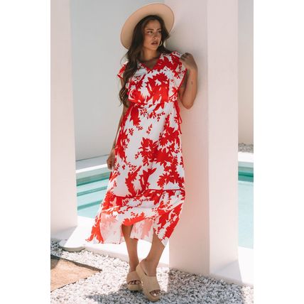 Red Floral Print Trimmed V Neck Ruffle Sleeve Long Dress