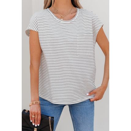White Stripe Cap Sleeve Crew Neck Casual Tee with Chest Pocket