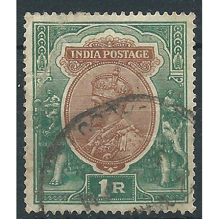 India 1913 SG186 1 Rupee Brown & Green Fine Used .. ..