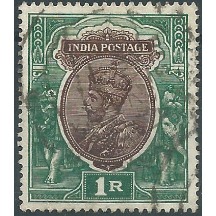 India 1926 SG214 1 Rupee Chocolate & Green Fine Used....
