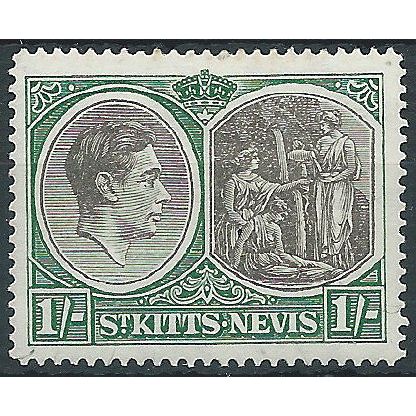 St Kitts-Nevis 1950 SG75c 1/- Black & Green CSP Mounted Mint..