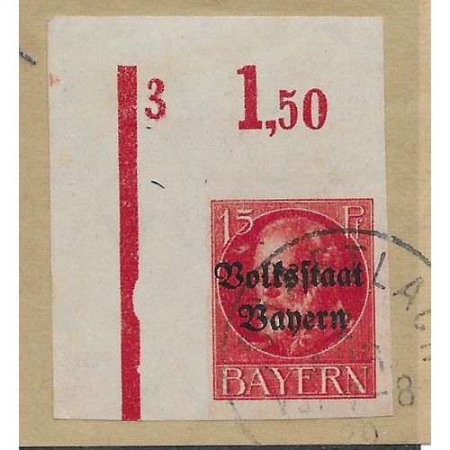 GER (BAVARIA) 1919 15pf KING LUDWIG III' (OVPT)(IMPERFED) FINE USED(EBID65-451)