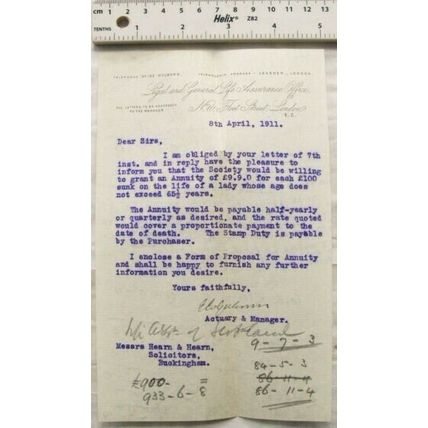 1911 letter Legal & General Life Assurance, London re annuity