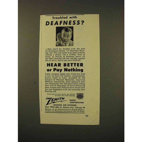 1948 Zenith 75 Radionic Hearing Aid Ad - Deafness?