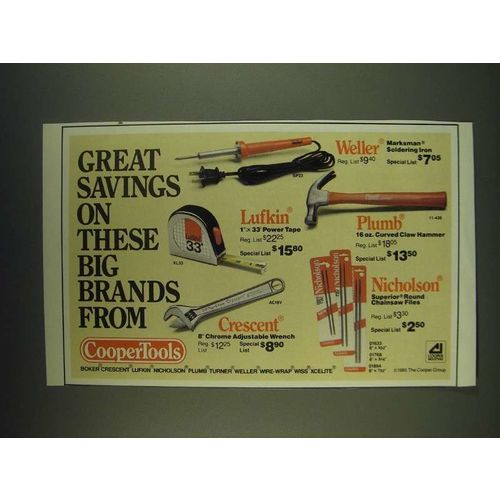 1985 CooperTools Ad - Weller Soldering Iron, Lufkin Tape, Plumb Hammer, Crescent