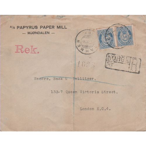 Norway 1924 Papyrus Paper Mill Mjondalen to London Recorded Delivery see others