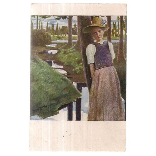 a painting, DIE AMPER, GERMANY unused vintage postcard. the river amper =